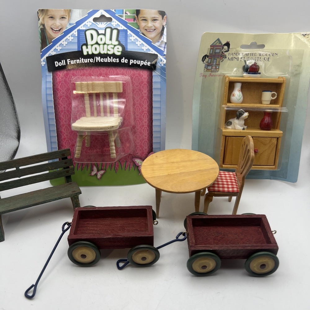 Dollhouse Wood Furniture, Table, 2Chairs, Hutch, 2 Wagons, 7 Pieces